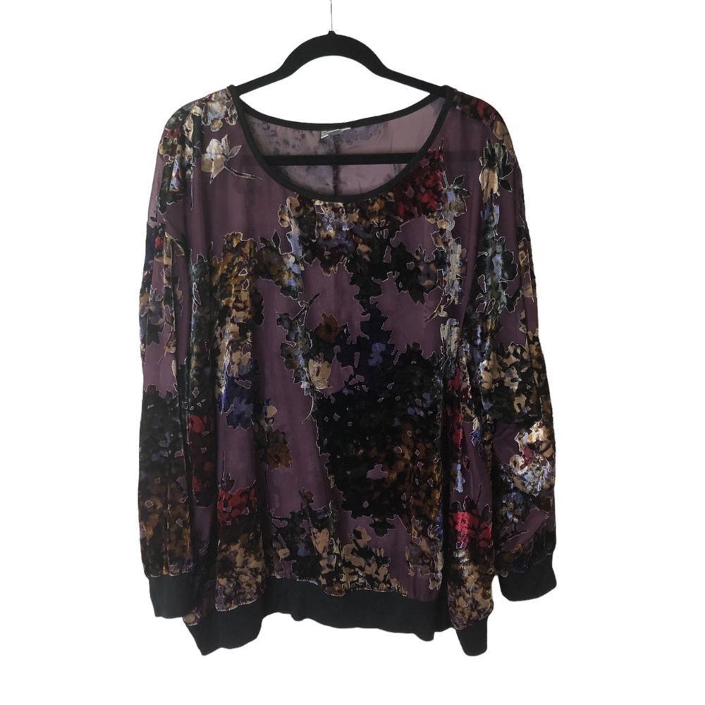 Avenue Purple Floral Burnout/sheer Long Sleeve Top 22/24 plus